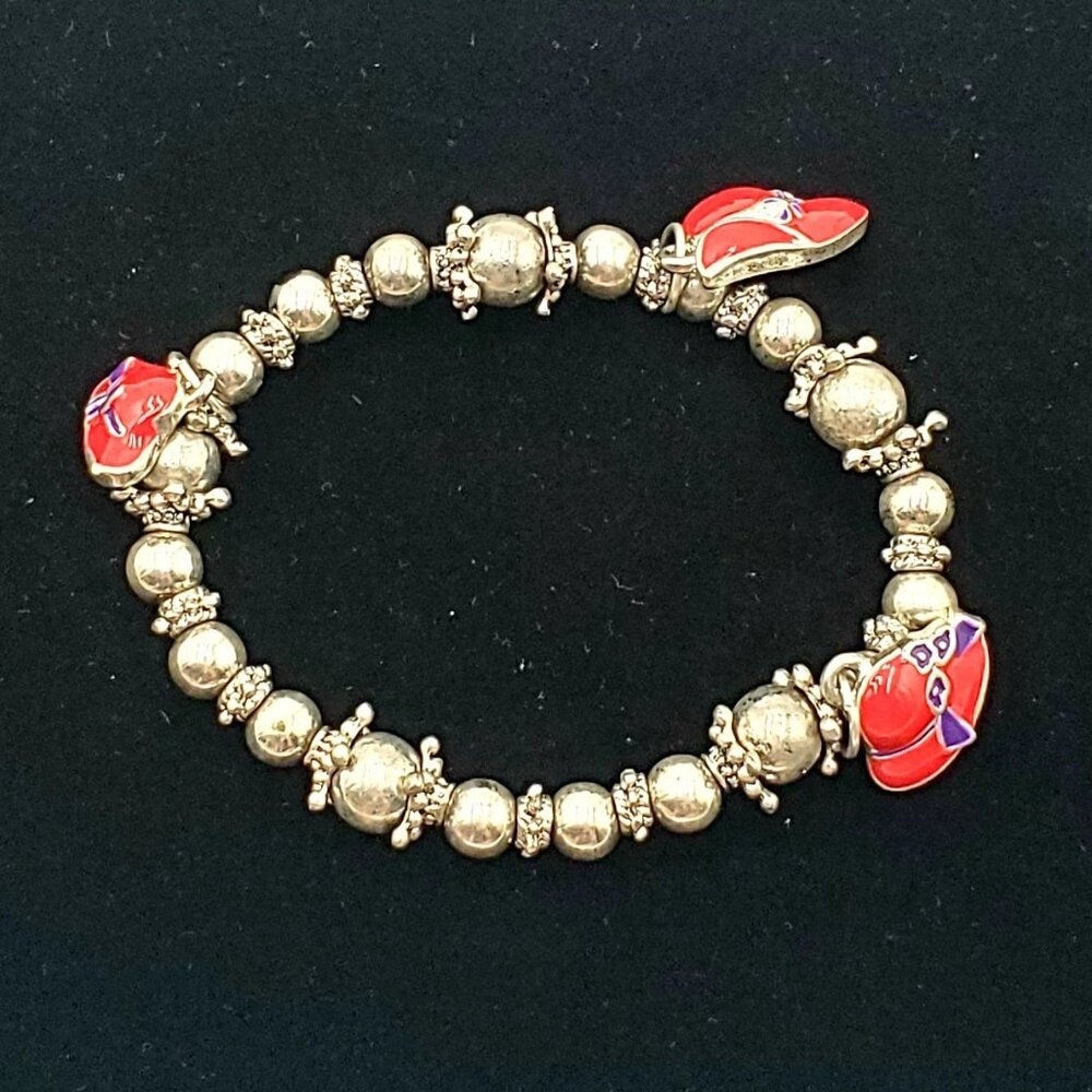 Red Ladies Hat Society Beaded Silver Tone Stretch Bracelet